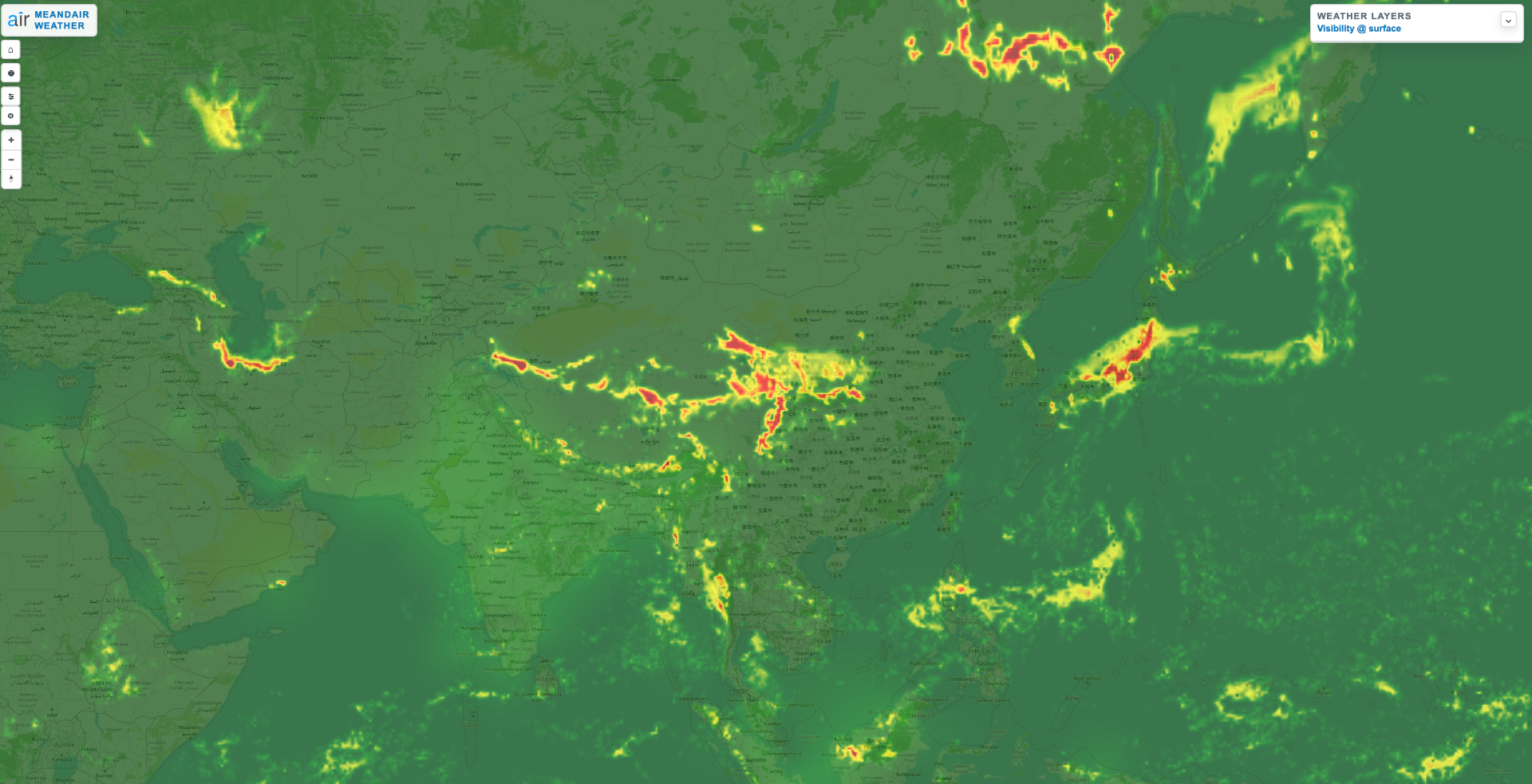 High-Resolution Surface Visibility above Asia, including oceans and remote areas not covered by traditional weather radars